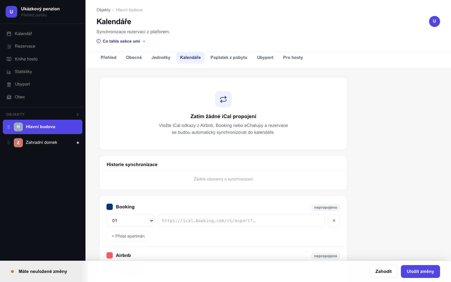 Záložka Kalendáře s rozkliknutým polem pro vložení iCal odkazu z Bookingu