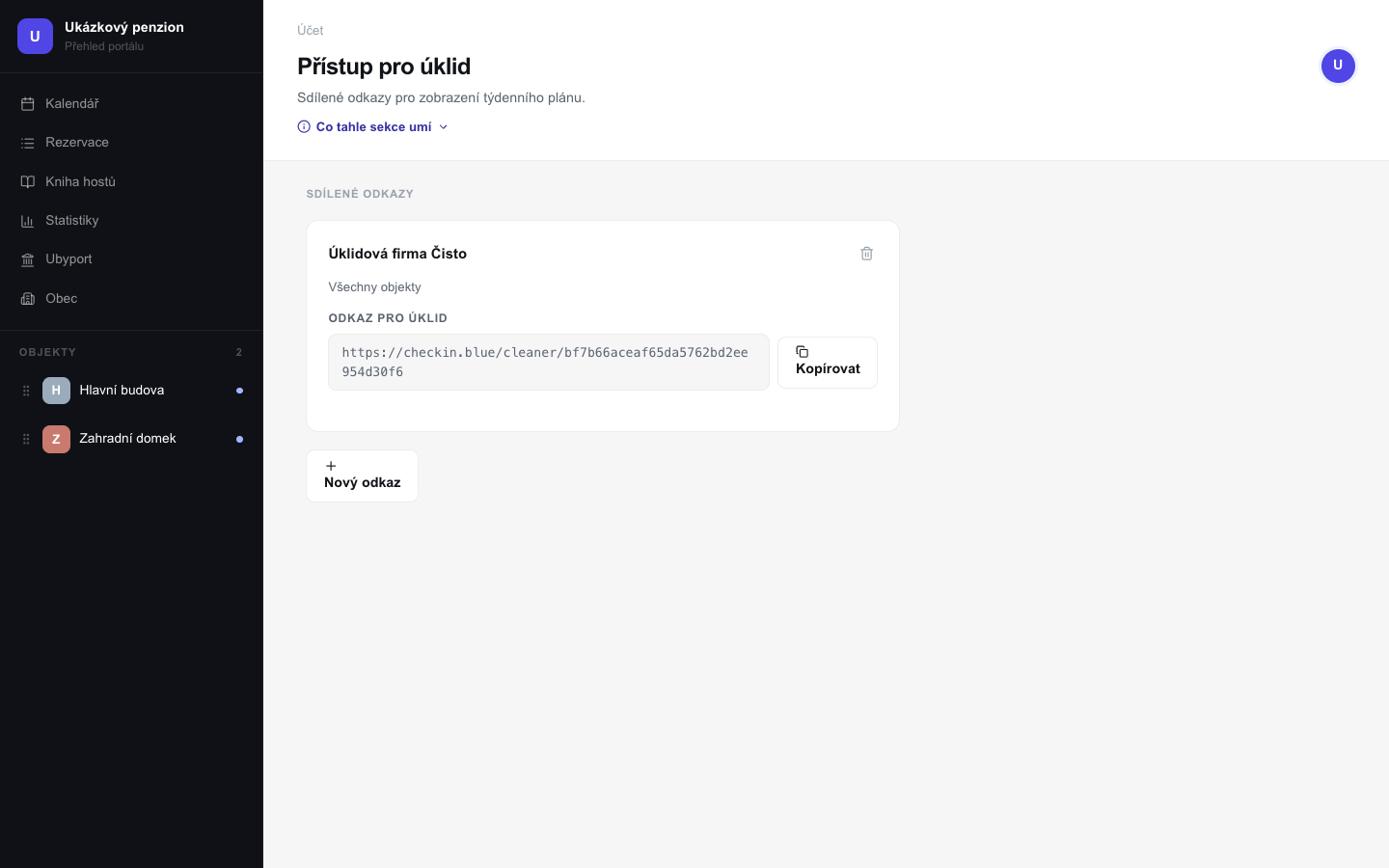 Sekce Přístup pro úklid s vygenerovaným odkazem pro úklidovou firmu