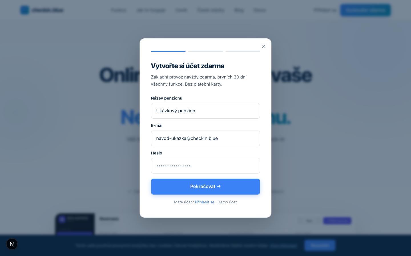 První krok registračního formuláře checkin.blue: název penzionu, e-mail a heslo