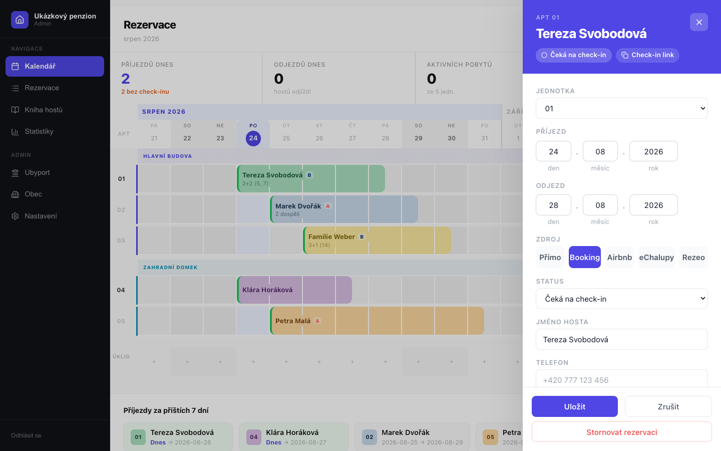 Panel s detailem rezervace: jméno hosta, zdroj, status a tlačítko Check-in link