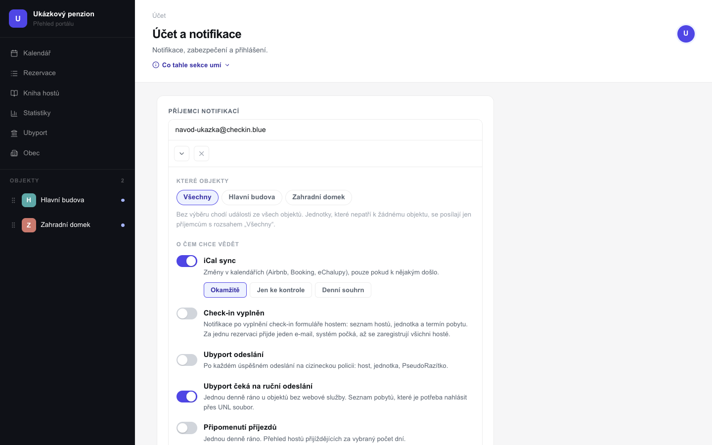 Záložka Účet a notifikace: příjemce, rozsah objektů a přepínače jednotlivých kanálů